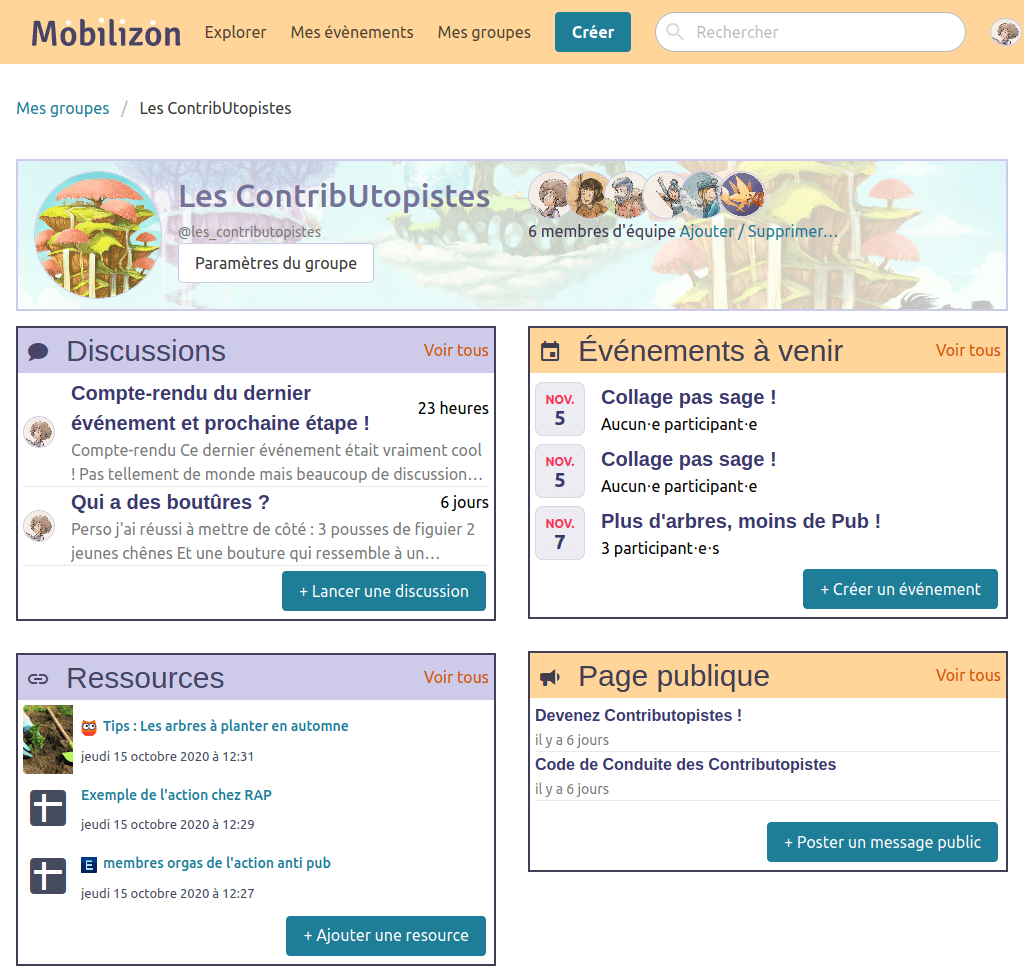Capture d'écran page Groupes Mobilizon